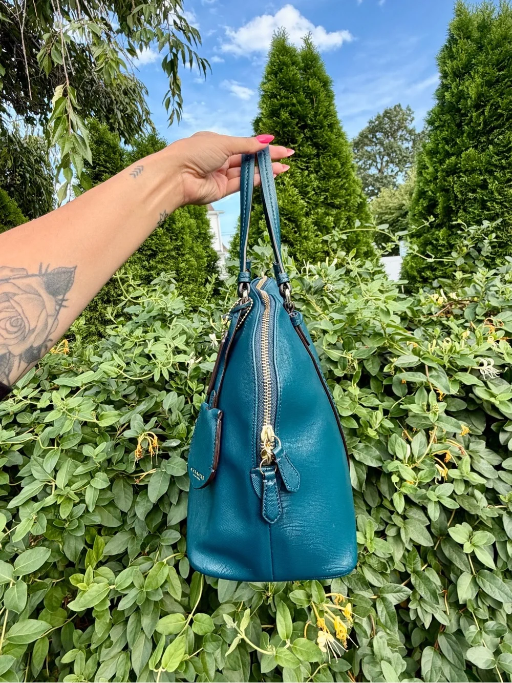 Coach Peyton Teal Blue Leather Satchel Shoulder Bag Dome Purse